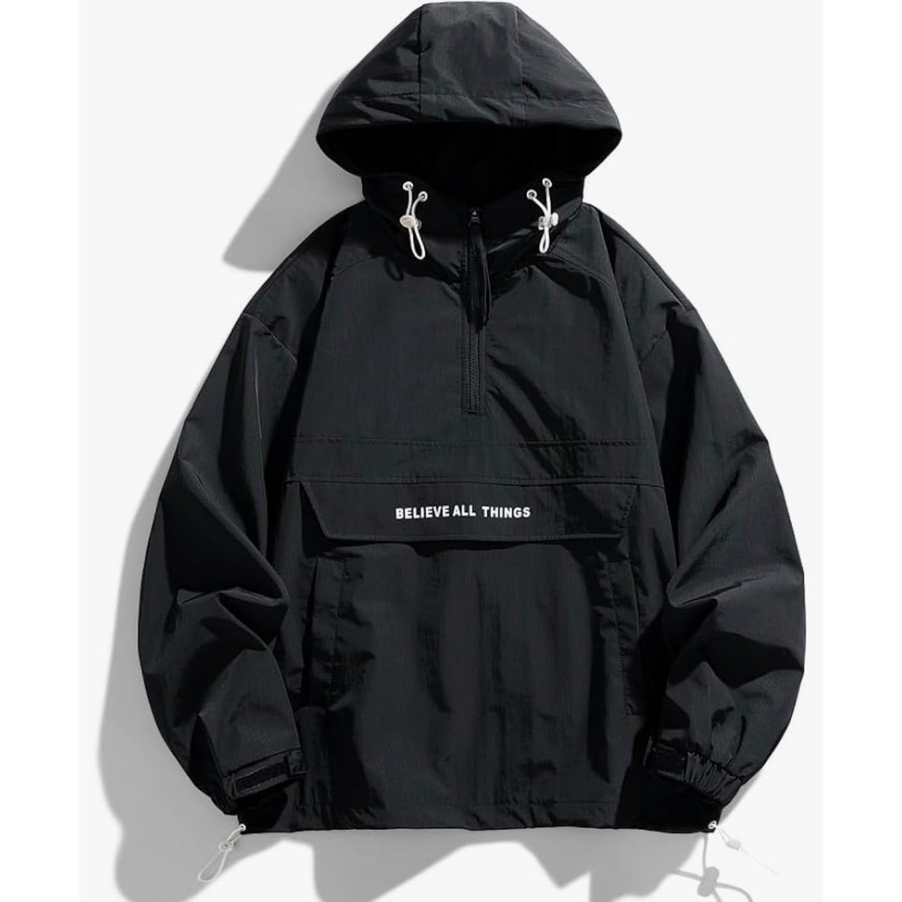 Mens Black Half Zip Anorak Windbreaker Believe All Things Graphic Hooded Jacket